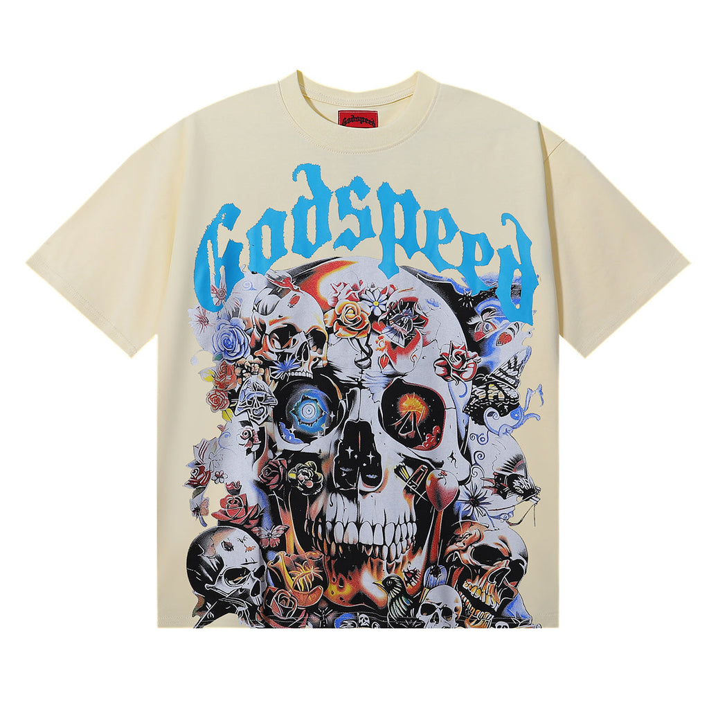 Godspeed T-shirts Skull Rose Printed Cotton Casual Short Sleeve Men and Women