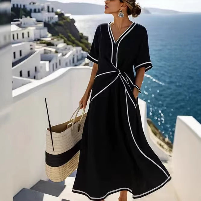 Women's Boho V-Neck Twist-Front Linen Maxi Beach Dress
