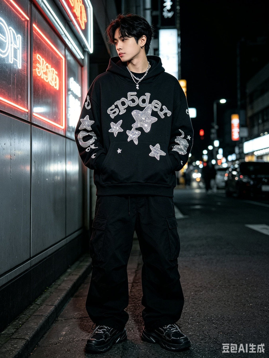 Sp5der Silver Rhinestone-Style Graphic Hoodie