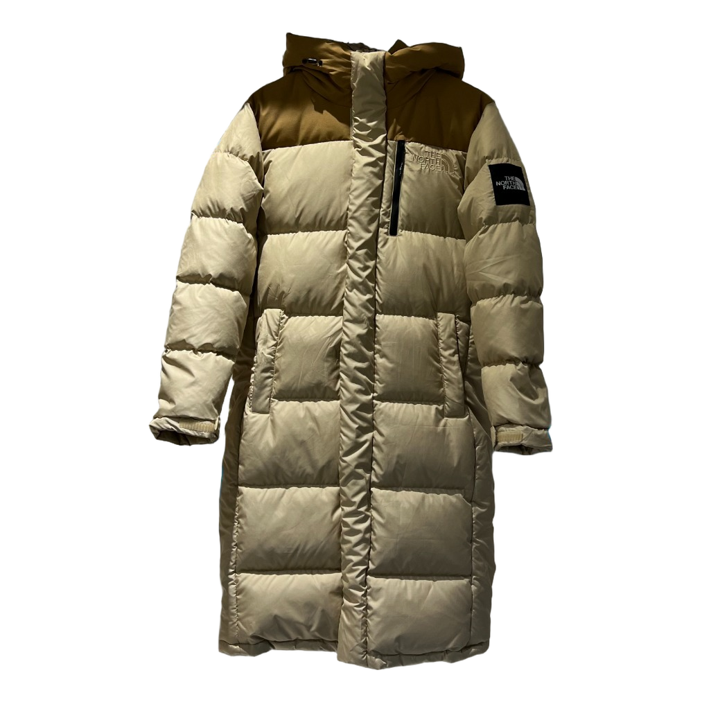 The North Face Color Block Hooded Long Puffer Coat | Tan | Women's Winter Coat