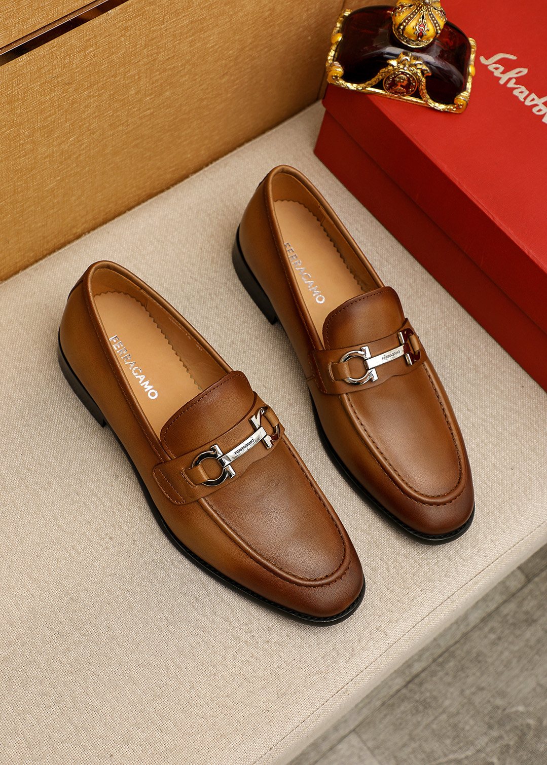 Ferragamo Brown Metal-Accent Loafers